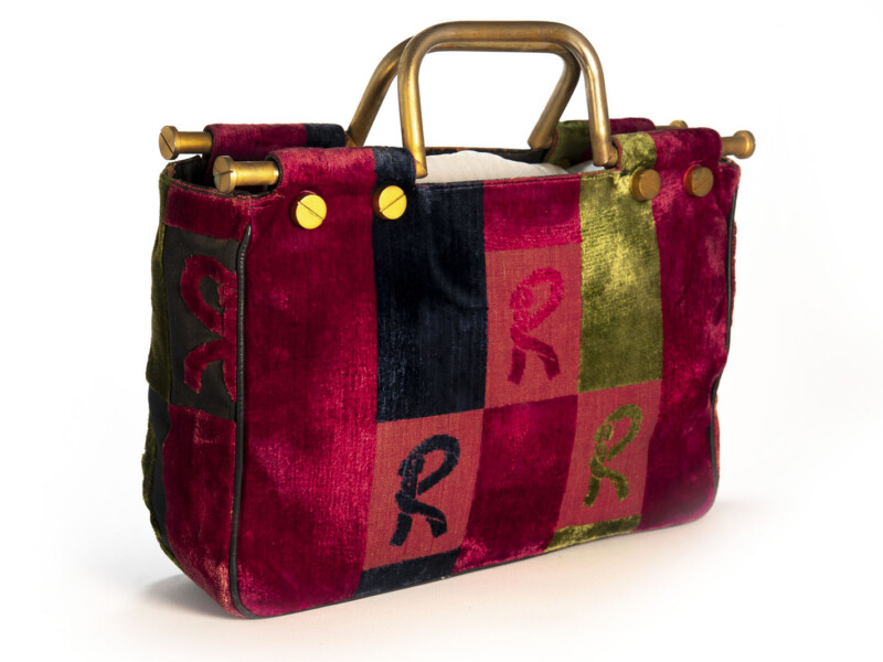 Borsa vintage Roberta di Camerino a Mano Modello “N. 5” in velluto Sovrarizzo Rosso Blu e Verde