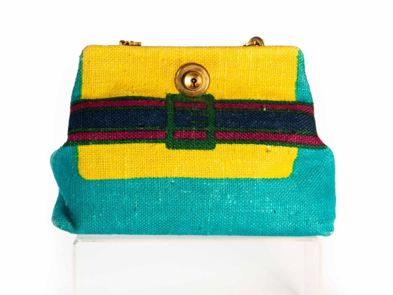 Borsa vintage Roberta di Camerino a Tracolla in metallo in tessuto di Cotone Celeste e Gialla con Cintura Disegnata