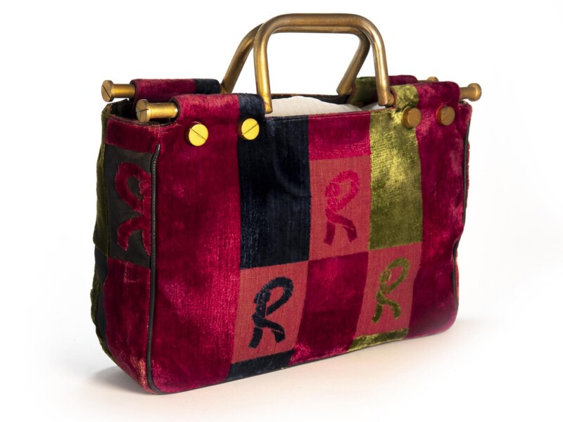 Borsa vintage Roberta di Camerino a Mano Modello “N. 5” in velluto Sovrarizzo Rosso Blu e Verde