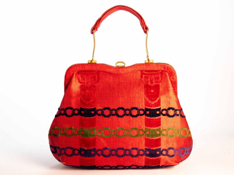 Borsa vintage Roberta di Camerino a Mano in velluto Sovrarizzo Rossa con Motivo Blu e Verde