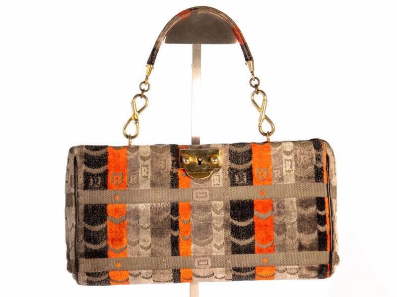 Borsa vintage Roberta di Camerino a Mano in velluto Grigio a Disegno Grigio Scuro e Arancione