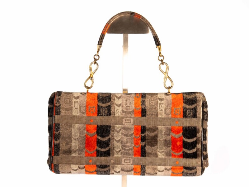 Borsa vintage Roberta di Camerino a Mano in velluto Grigio a Disegno Grigio Scuro e Arancione