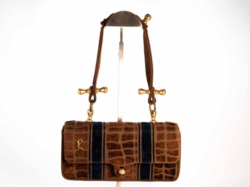 Borsa vintage Roberta di Camerino a Spalla in velluto Sovrarizzo Marrone con Disegno a Cocco e Righe Blu