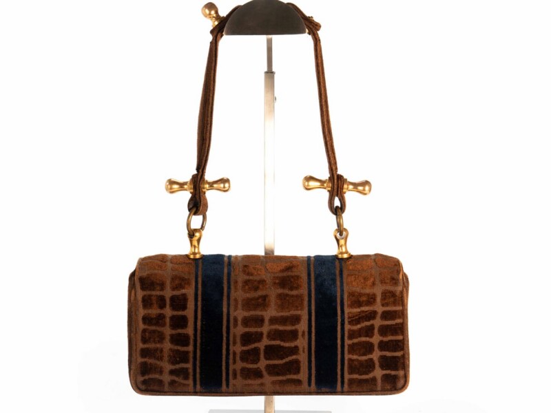 Borsa vintage Roberta di Camerino a Spalla in velluto Sovrarizzo Marrone con Disegno a Cocco e Righe Blu