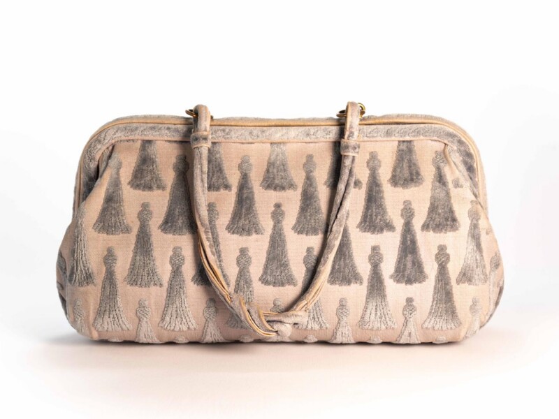 Borsa vintage Roberta di Camerino a Spalla in velluto Sovrarizzo Grigio-Celeste a Motivo di Fiocchi
