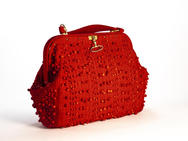 Borsa vintage Roberta di Camerino a Mano in tessuto Rosso con Applicazione di Perline
