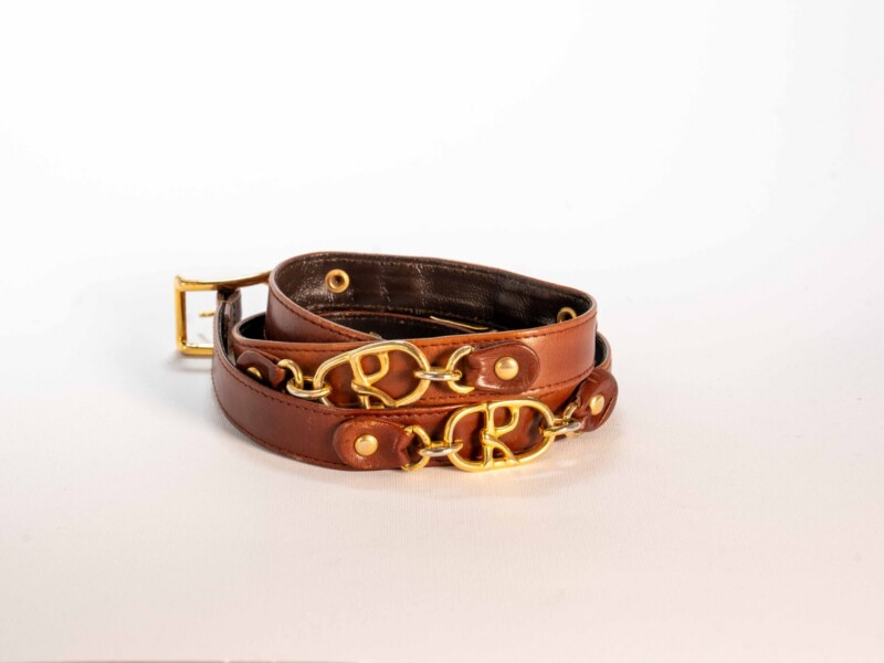 Cintura vintage in pelle marrone con inserti in metallo dorato Roberta di Camerino