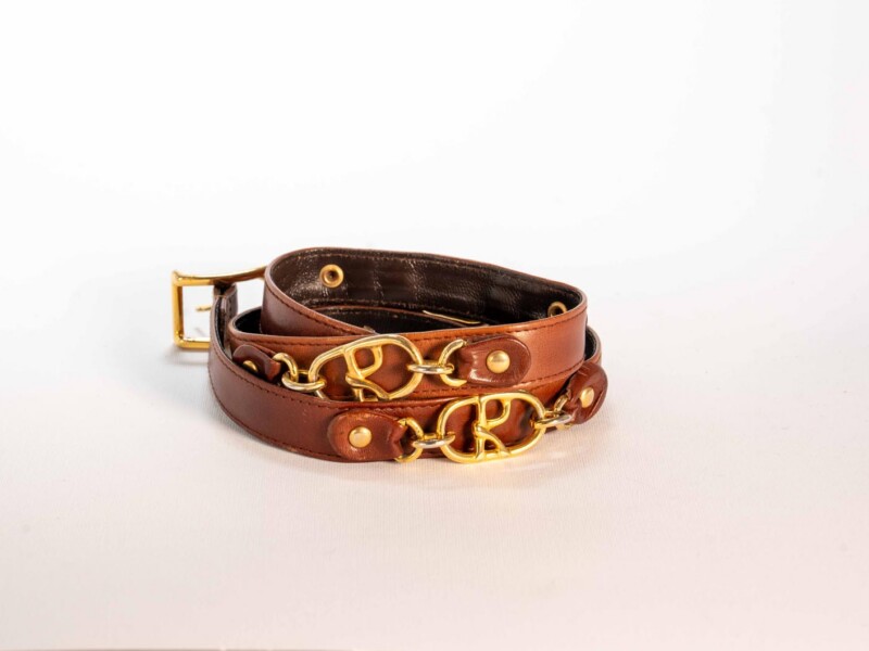 Cintura vintage in pelle marrone con inserti in metallo dorato Roberta di Camerino