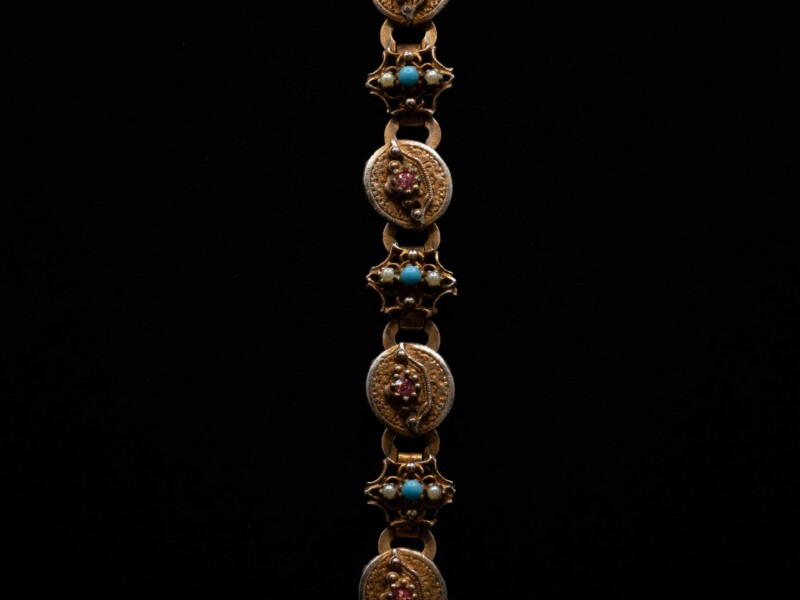 Bracciale vintage dorato maglie alternate ovale e ottagonali con inserti colorati