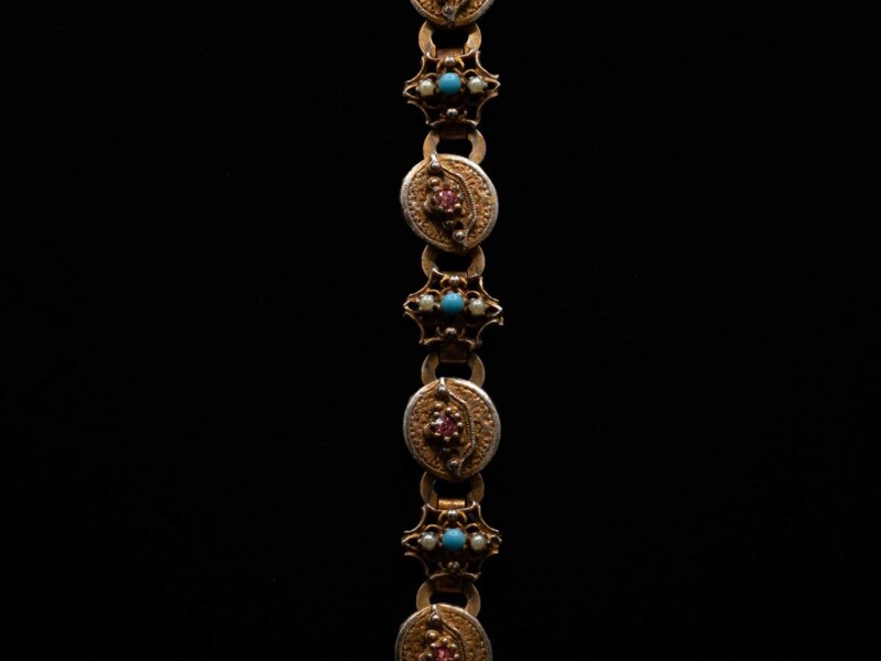 Bracciale vintage dorato maglie alternate ovale e ottagonali con inserti colorati