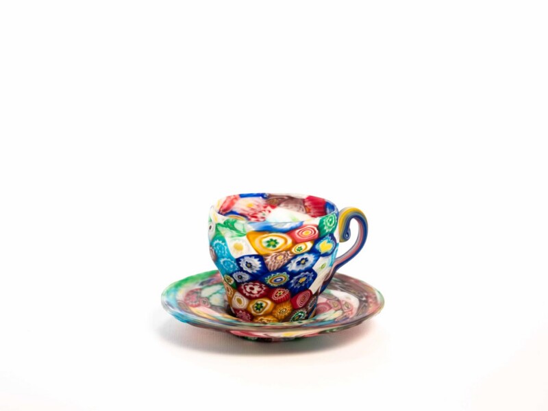 Tazzina e piattino in vetro “murrina millefiori” anni ’40