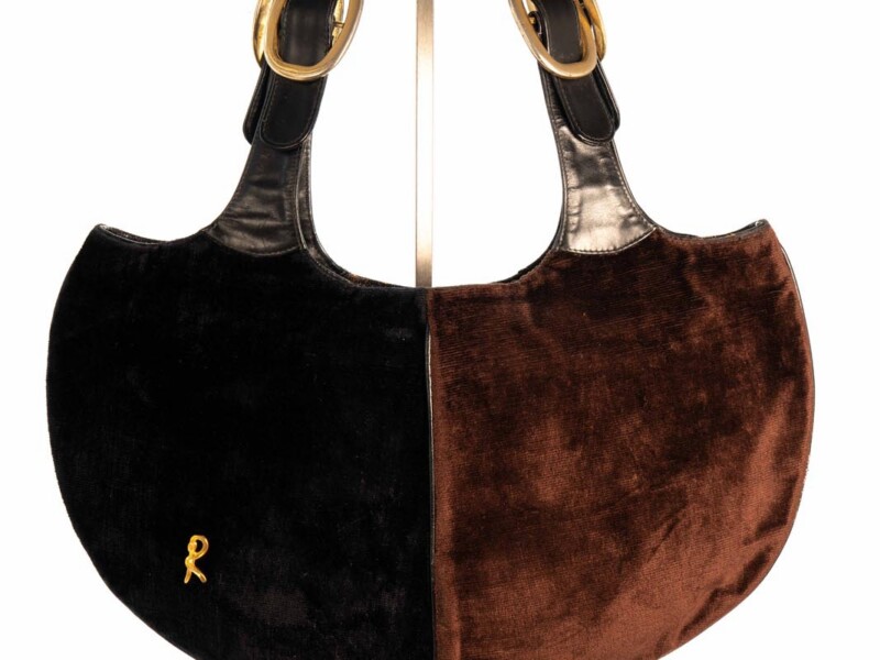 Borsa vintage Roberta di Camerino a Spalla in velluto Marrone e Nero con Manico in pelle Nera