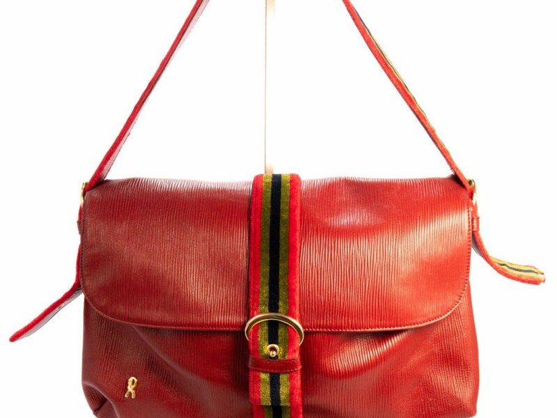 Borsa vintage Roberta di Camerino a Spalla in pelle Rosso Bordeau con Fascia in velluto Rosso Verde e Blu