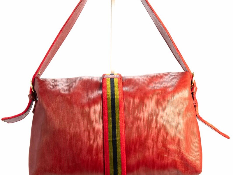 Borsa vintage Roberta di Camerino a Spalla in pelle Rosso Bordeau con Fascia in velluto Rosso Verde e Blu