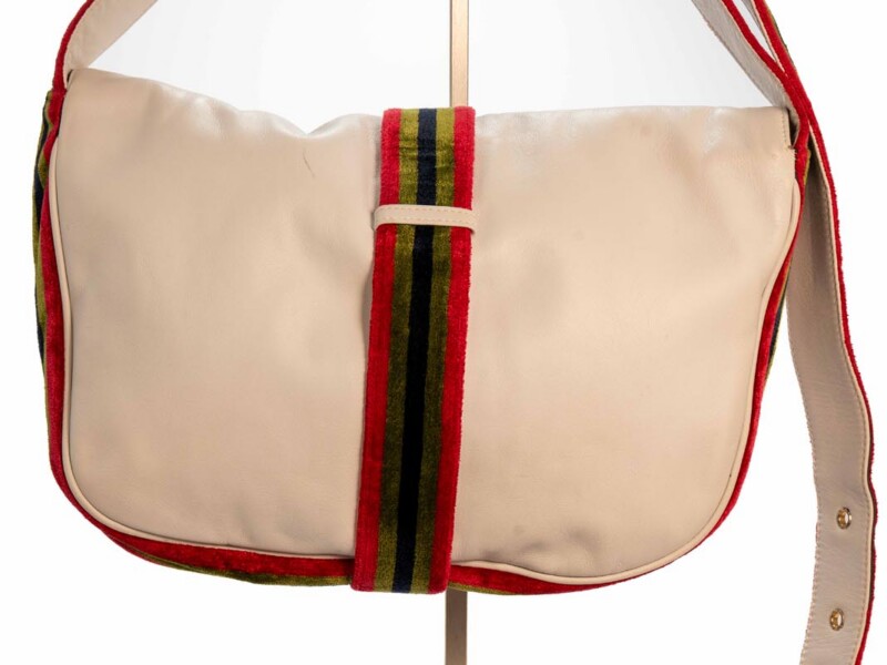 Borsa vintage Roberta di Camerino a Tracolla in pelle Bianca con Fasce in velluto Rosso Verde e Blu